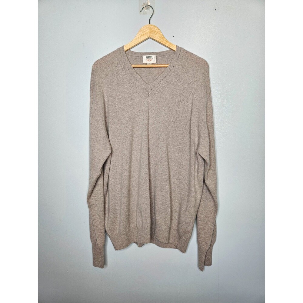 GIAN Men's 100% Cashmere Sweater XL Beige V-Neck Soft Classic Preppy